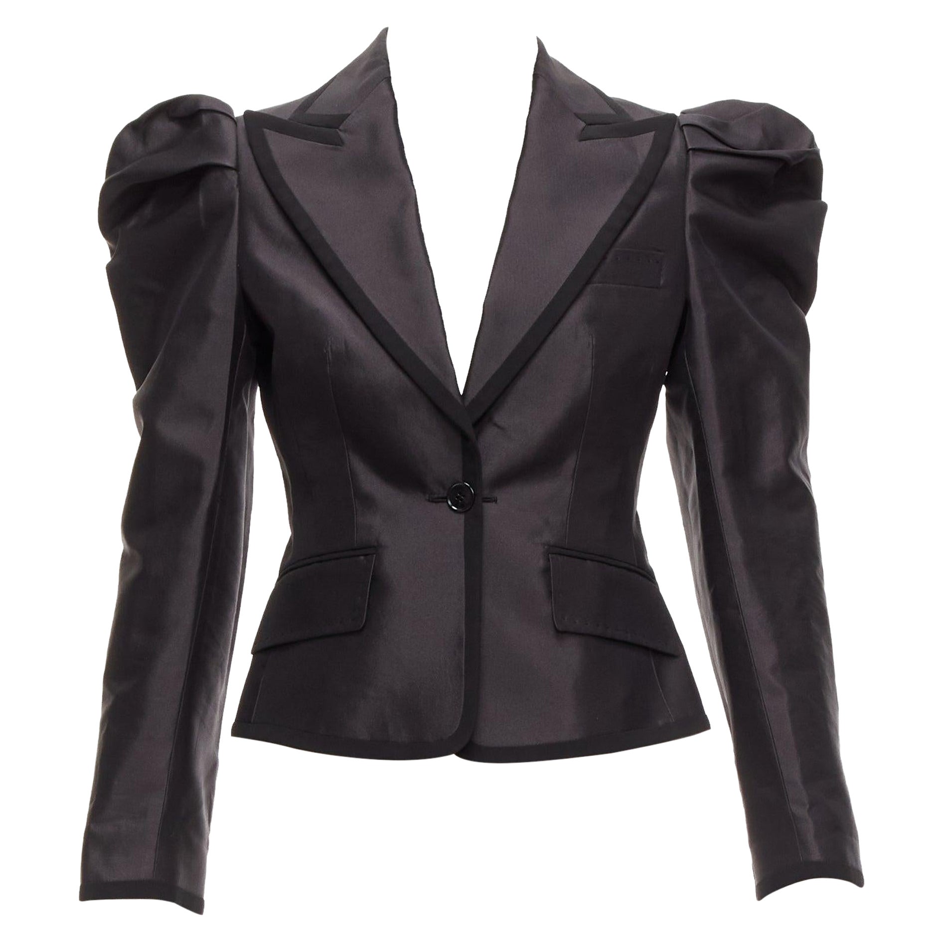 raro DOLCE GABBANA blazer da smoking in seta nera con maniche a sbuffo principessa IT36 XXS