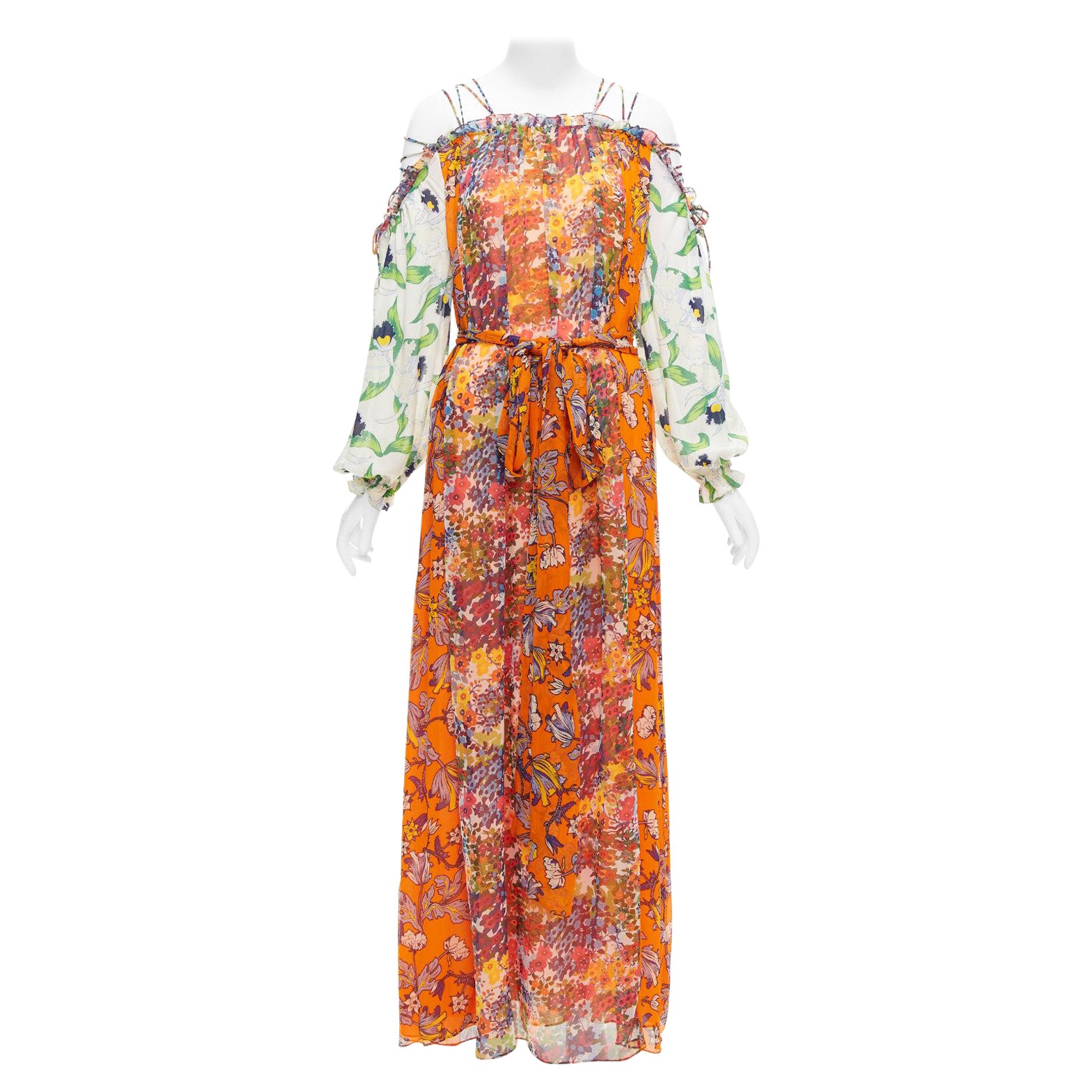 TORY BURCH Shasta green white contrast floral silk cold shoulder maxi dress For Sale