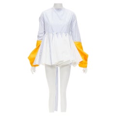 MARINE SERRE yellow blue white pinstriped puff sleeve peplum top M