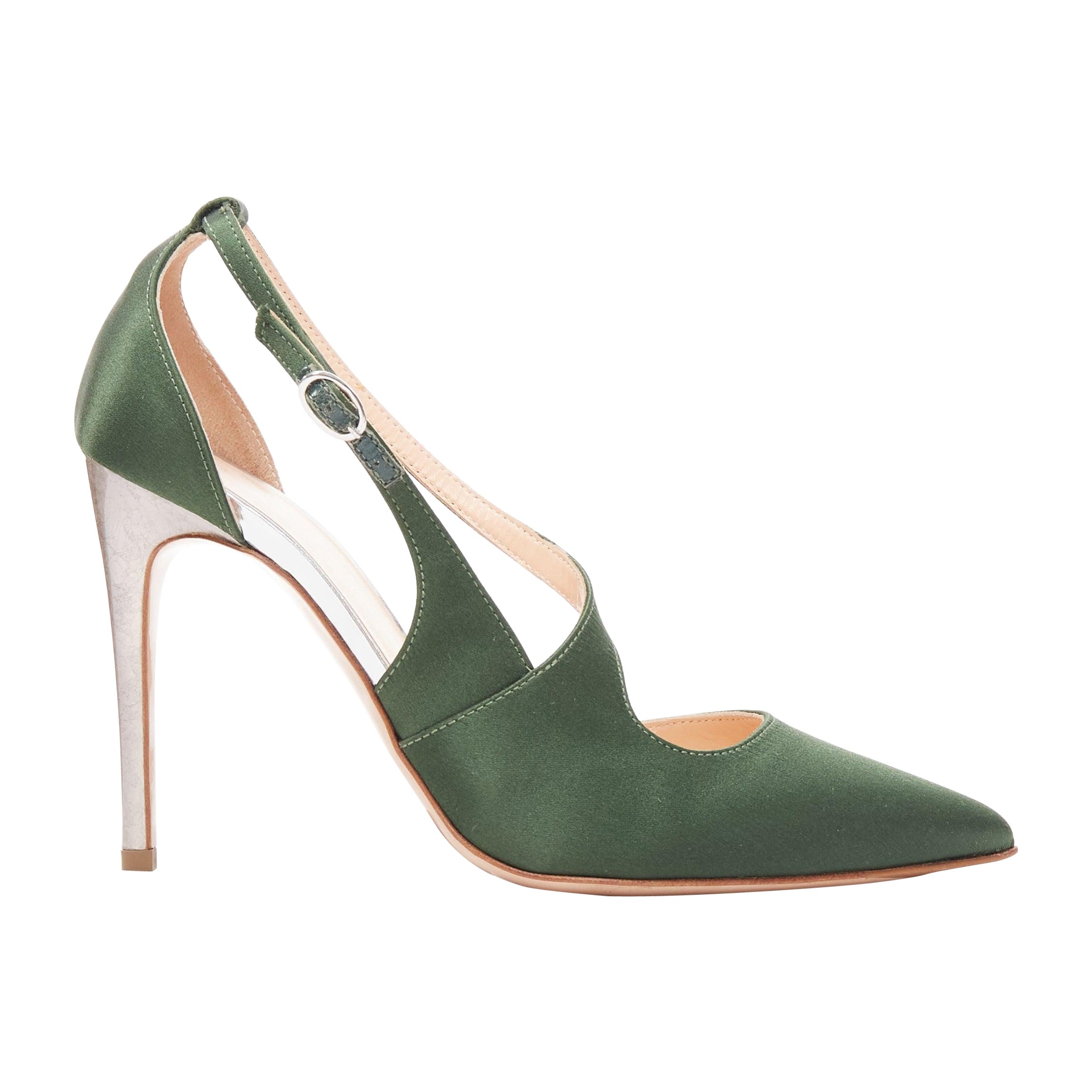 RUPERT SANDERSON Nanda green satin d'orsay silver heel pointy pumps EU36 For Sale
