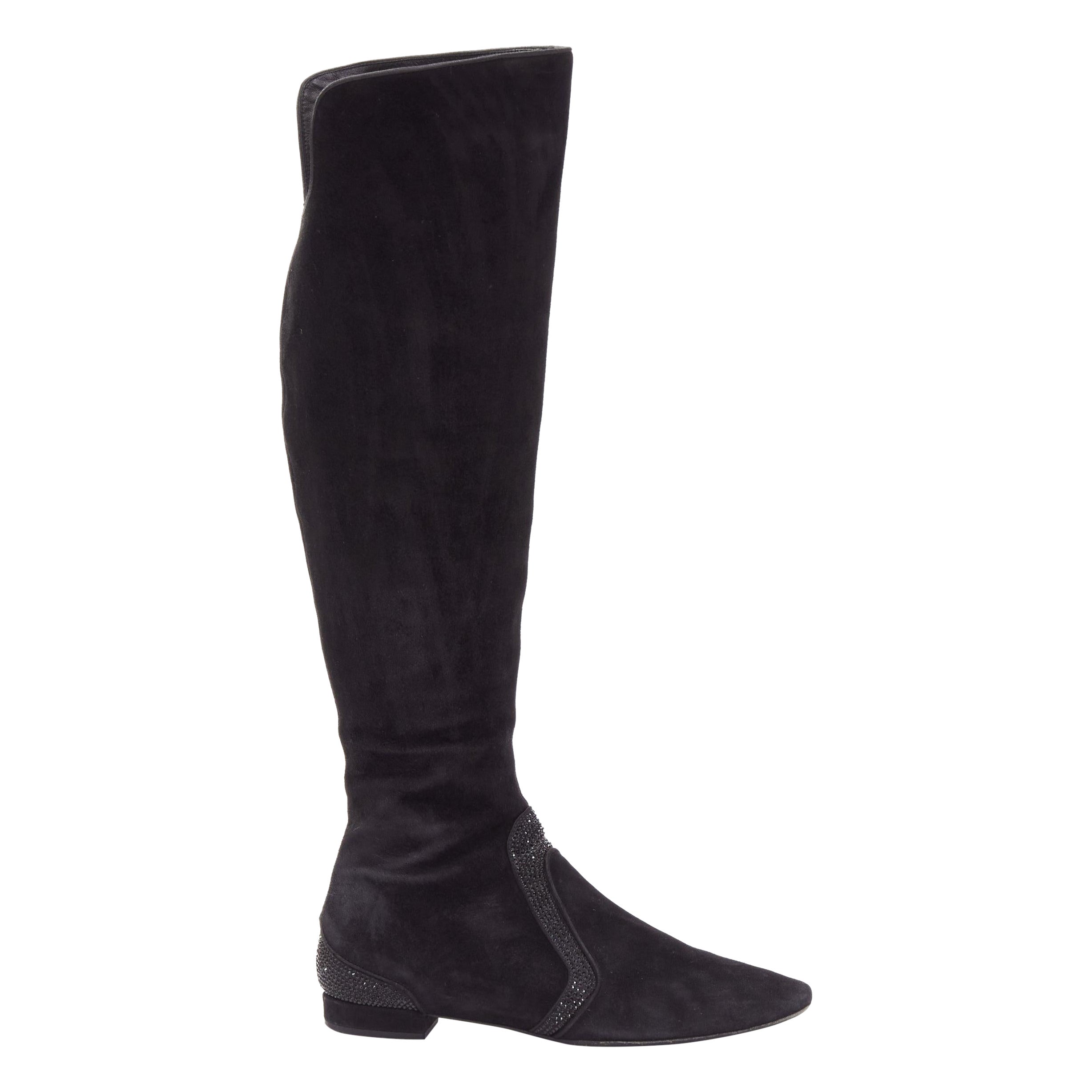Rene Caovilla, botte plate en daim noir avec fente arrière et strass au niveau du genou EU35.5