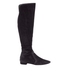 RENE CAOVILLA in pelle scamosciata nera con cristalli e strass, con spacco posteriore al ginocchio, stivale piatto EU35.5