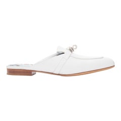 HERMES Oz white leather silver kelly buckle slip on loafer slippers EU37.5
