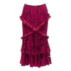 ROMANCE WAS BORN red cotton silk blend floral lace bias ruffle midi skirt AUS8 S