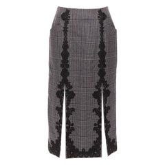 JONATHAN SIMKHAI wool houndstooth lace applique dual slit pencil skirt US4 S
