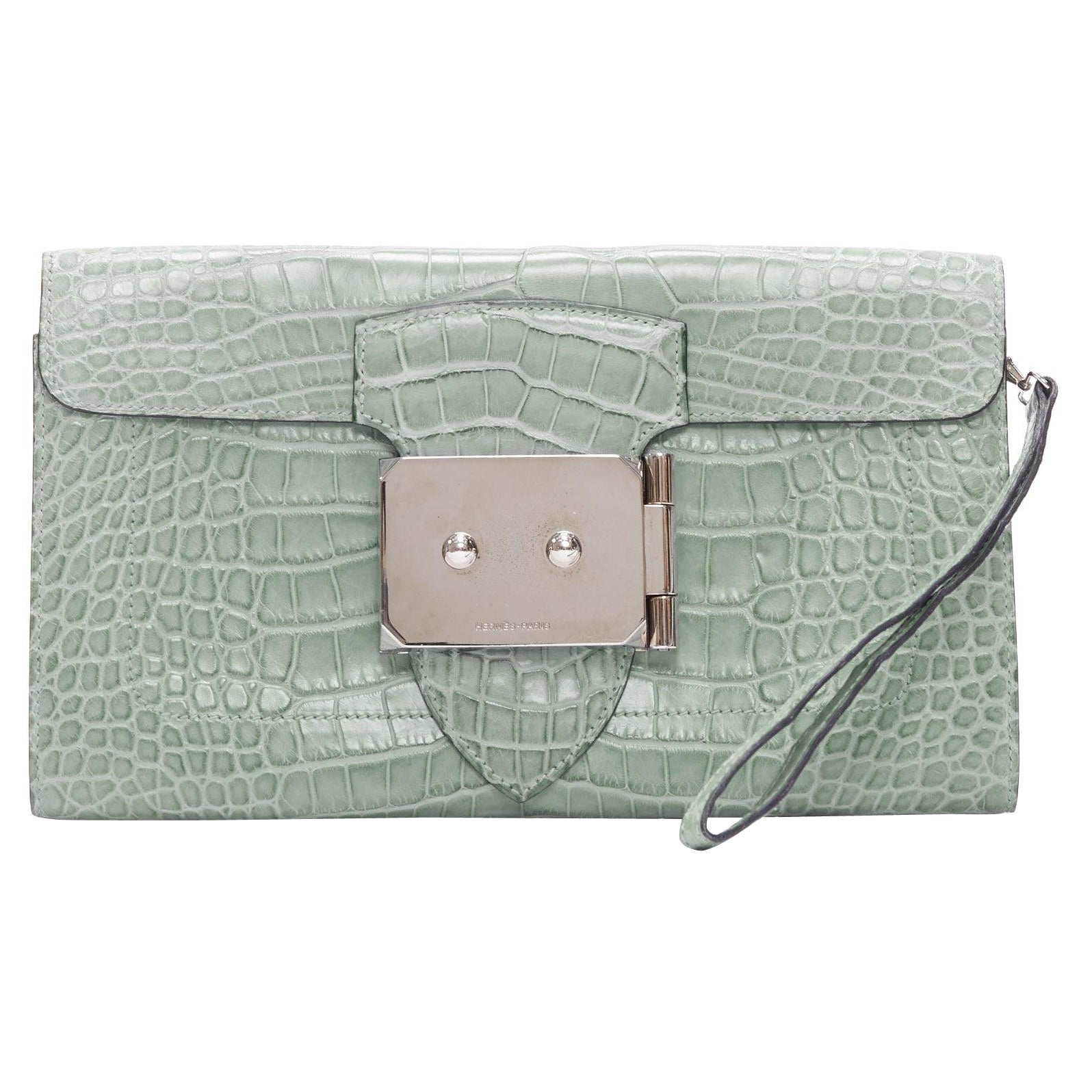HERMES Goodlock Porosus mint green scaled leather PHW push clasp wrist clutch For Sale