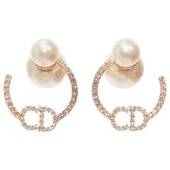 DIOR Tribales gold metal crystal pave CD orbital faux pearl pin earrings pair