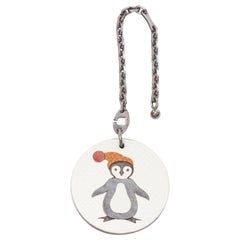 HERMES Penguin white leather black coin ruthenium bag charm
