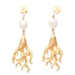 DIOR Tribales Coraile gold metal star coral faux pearl drop pin earrings Pair