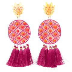 MERCEDES SALAZAR purple orange red tassel pineapple clip on earrings Pair