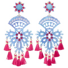 MERCEDES SALAZAR red blue acrylic beads tassel dangling clip on earrings Pair