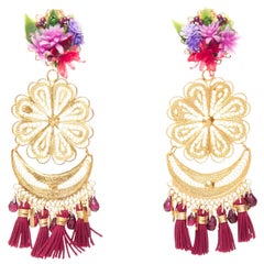 MERCEDES SALAZAR gold flower metal red tassel plastic clip earrings Pair