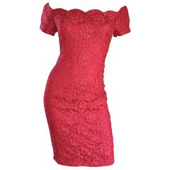  1990s Insanely Sexy Lipstick Red French Lace Off The Shoulder Scalloped Dress