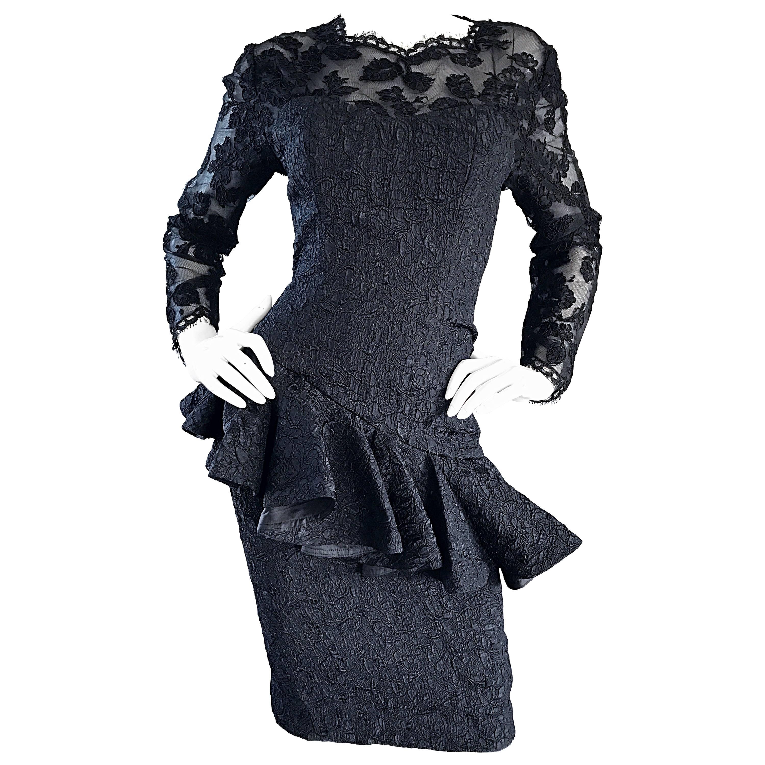 1990s Liancarlo Couture Vintage Avant Garde Black Lace Peplum 90s Cocktail Dress For Sale