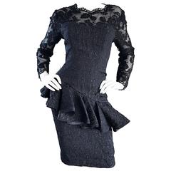1990s Liancarlo Couture Vintage Avant Garde Black Lace Peplum 90s Cocktail Dress