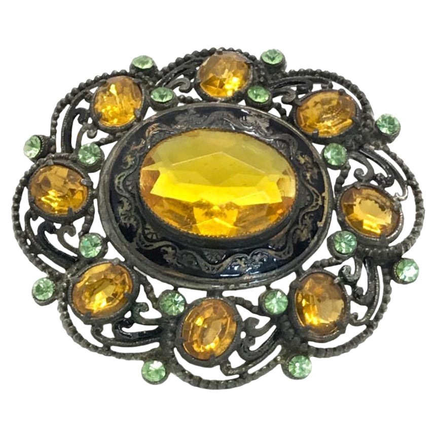 Ancienne Broche Laiton et strass en verre et cristal - Old