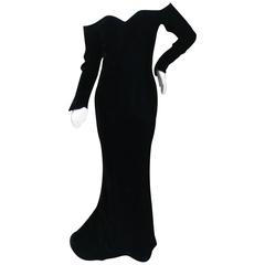 Thierry Mugler 1980's Black Velvet Off the Shoulder Evening Dress with Train
