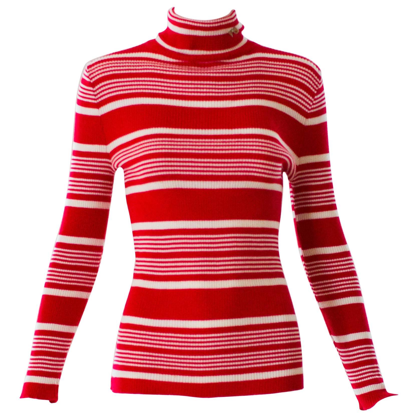 1970s Pierre Cardin Red and White Striped Knit Turtleneck 