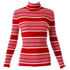 Vintage 1970s Pierre Cardin Red and White Striped Knit Turtleneck 