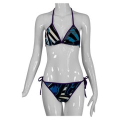 Emilio Pucci Purple Black White Blue & Grey Print 2 Piece String Bikini 44