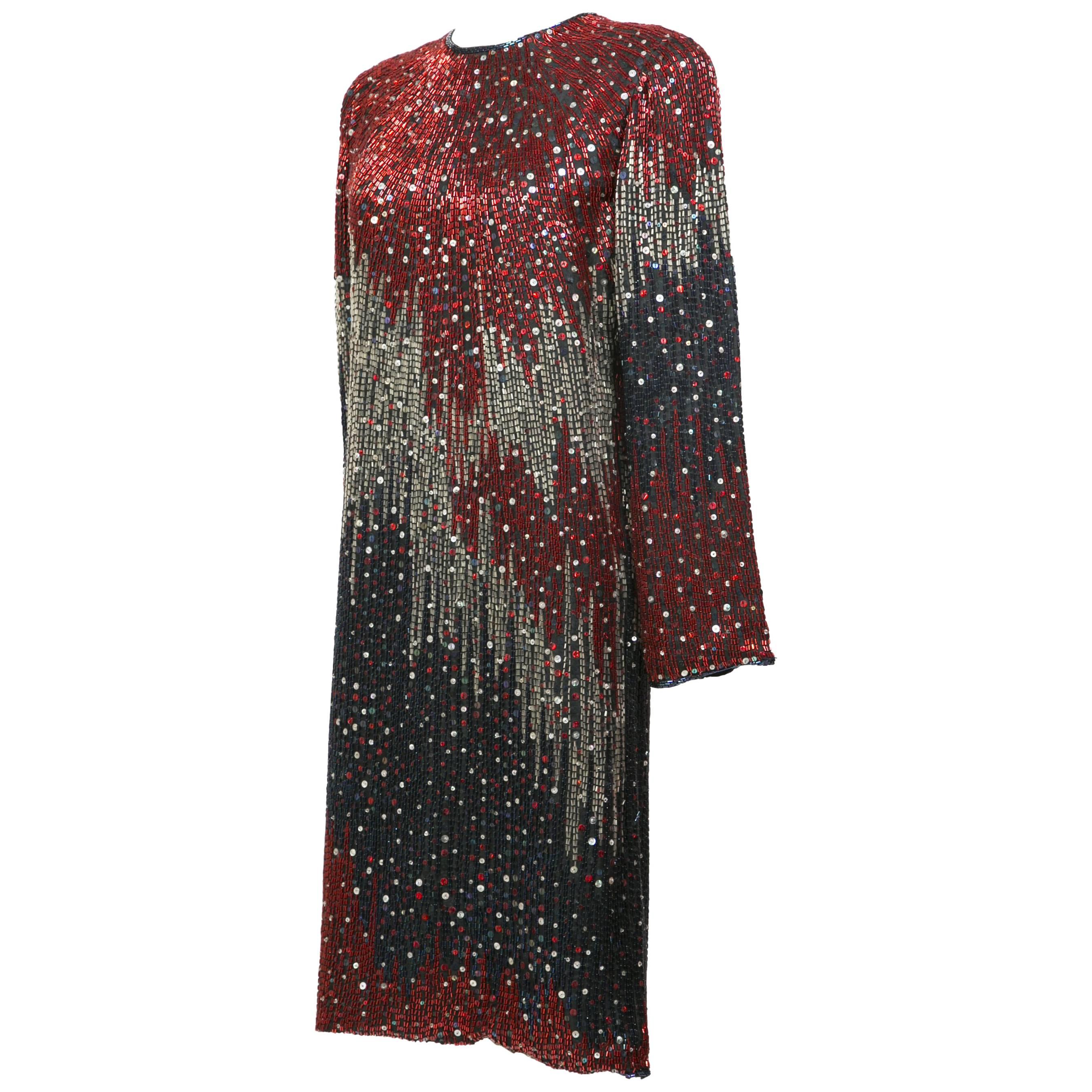 1985/90 Halston Cocktail Red Blu White Embroidered For Sale