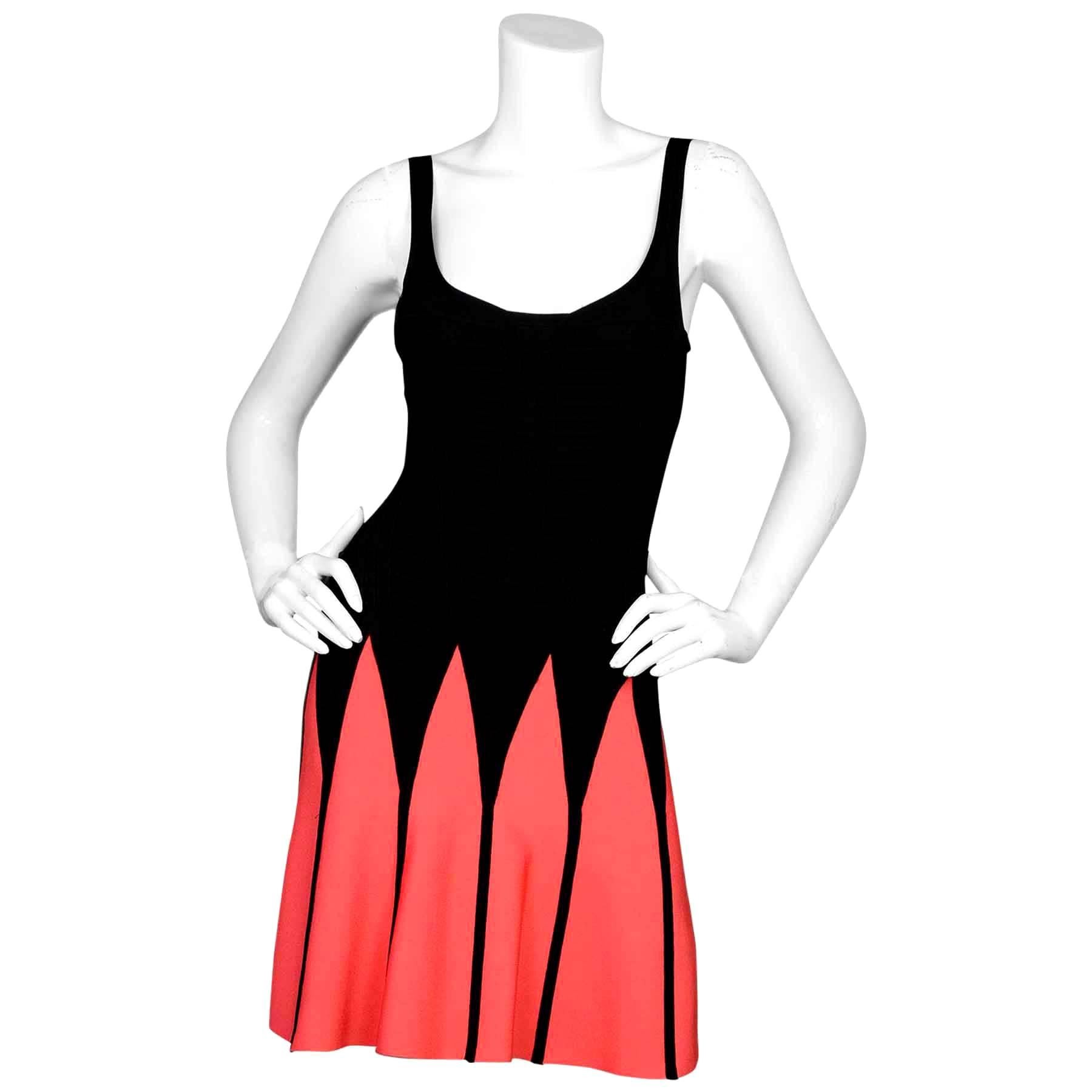 Herve Leger Black & Coral Fit-Flare Bandage Dress sz XS