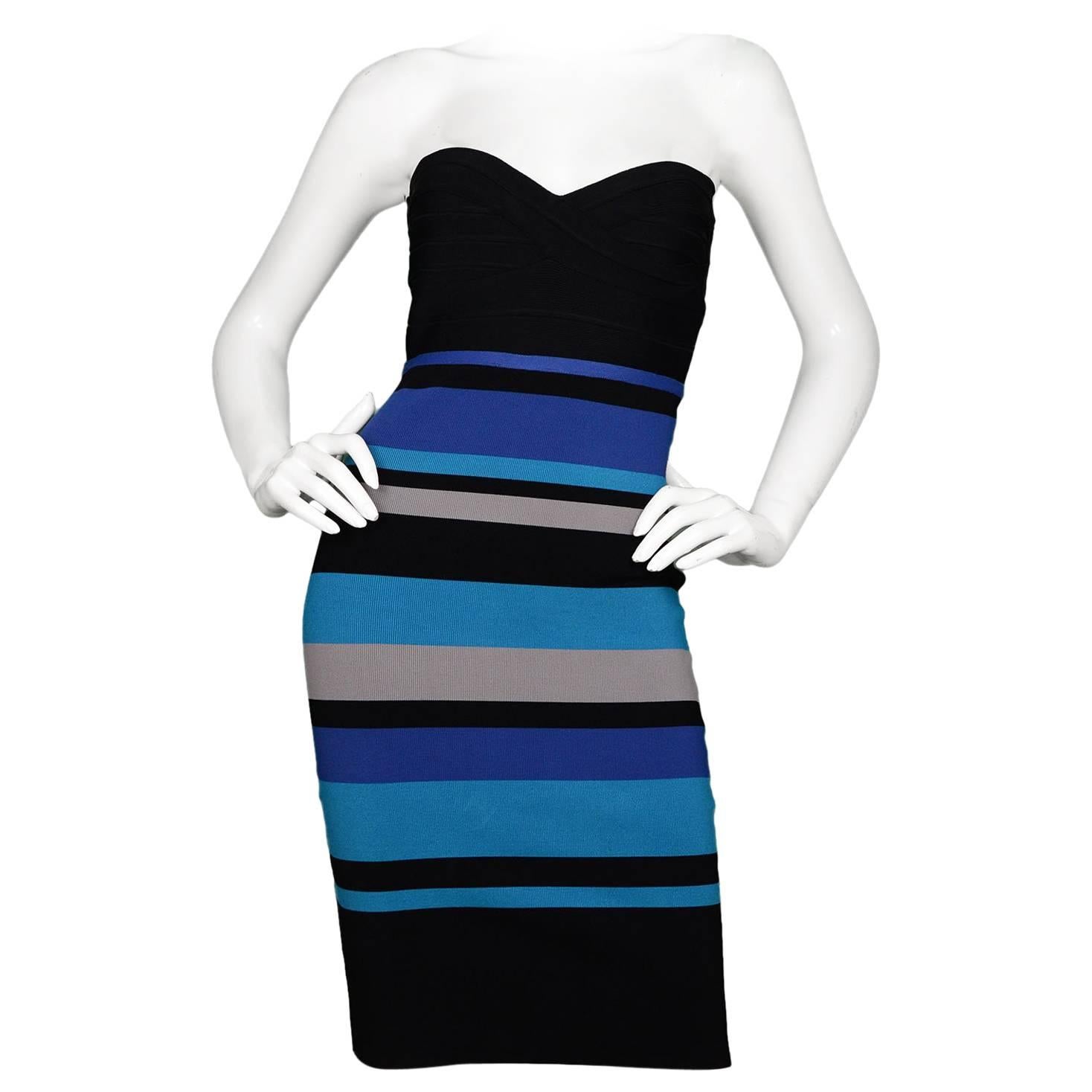 Herve Leger Black & Blue Stripe Strapless Bandage Dress sz M
