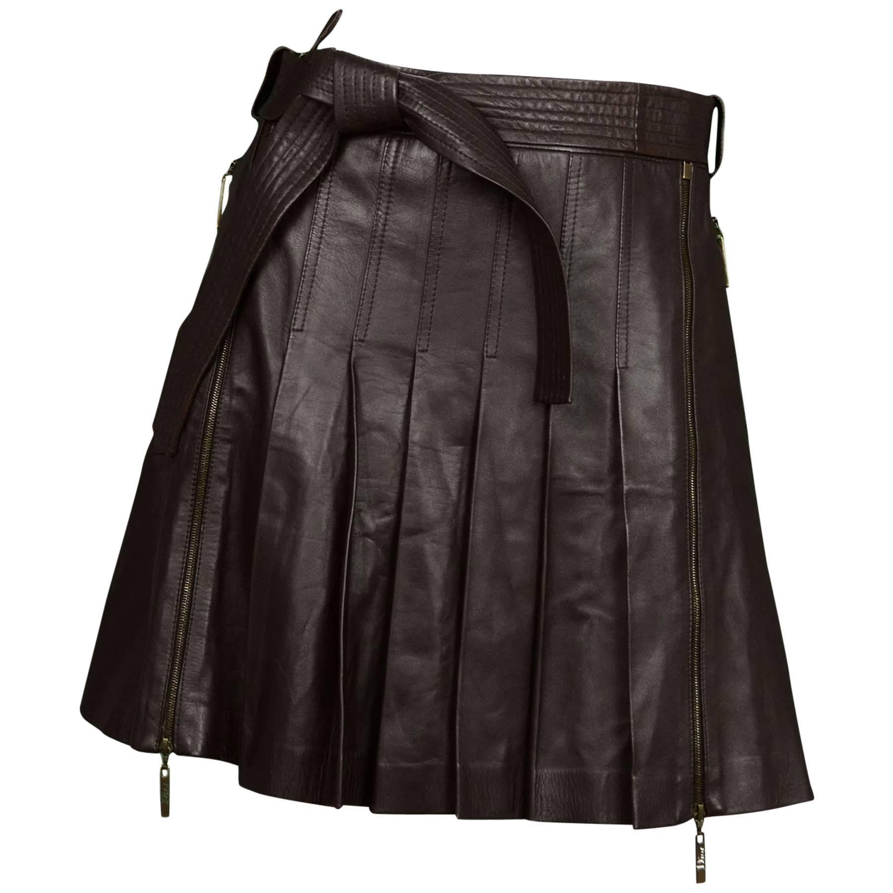 Christian Dior NWT Brown Leather Pleated Skirt sz US6