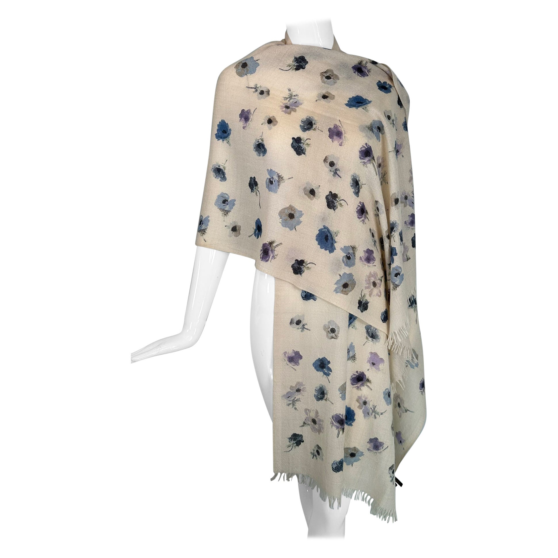 Loro Piana Cashmere & Silk Blue & Cream Floral Fringe Hem Shawl Stole 28 X 80 For Sale