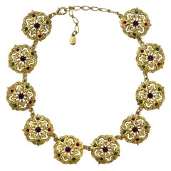 Gold Plated Renaissance Style Necklace with Glass Jewels circa 1980s