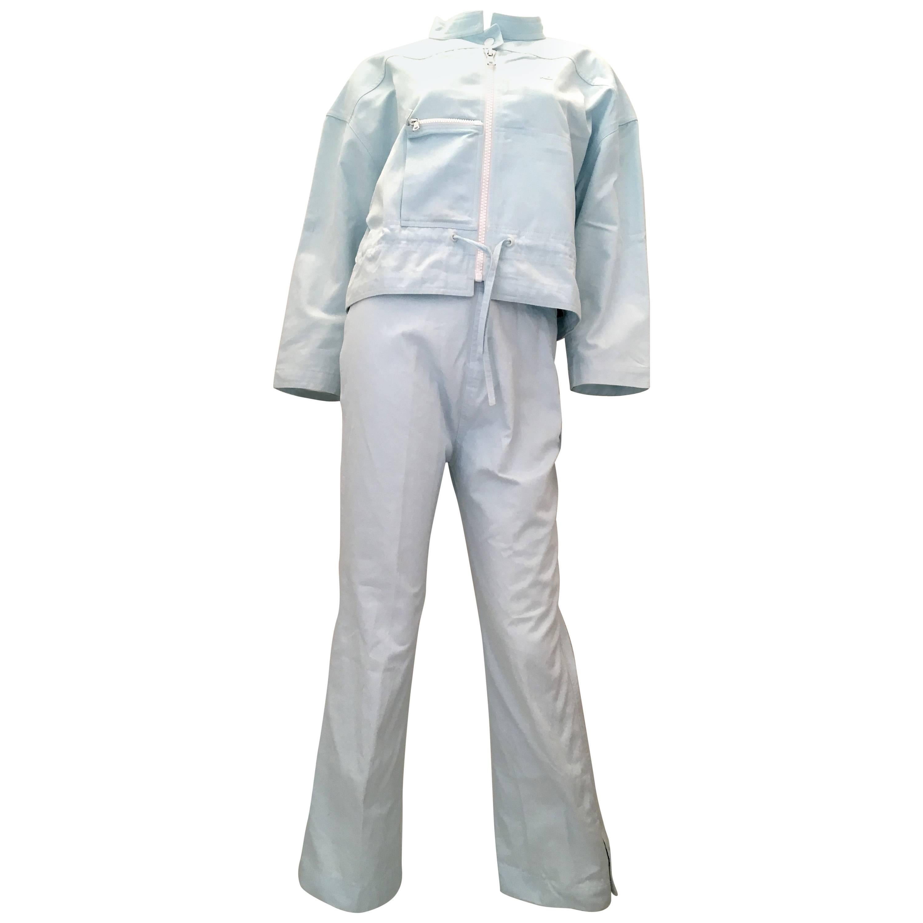 Courreges 2 Piece Light  Blue Cotton Pant Suit - 1980's For Sale