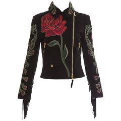 Moschino Schwarze bestickte Wildlederjacke mit goldenen Ohrsteckern und Fransenbesatz, Herbst 2013