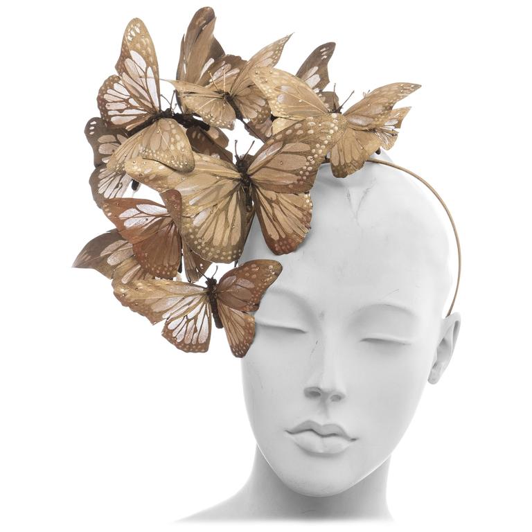 Philip Treacy Headband With Matte Gold Butterfly Appliqués And Jewel