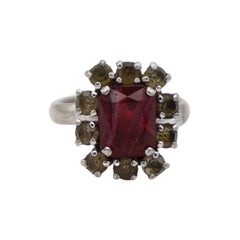 Christian Dior 1970s Vintage Rectangle Ruby Red Crystals Halo Silver Ring, US 7