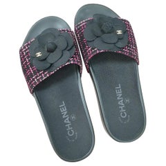 Used Chanel Camelia Tweed Sandals Flip Flops 
