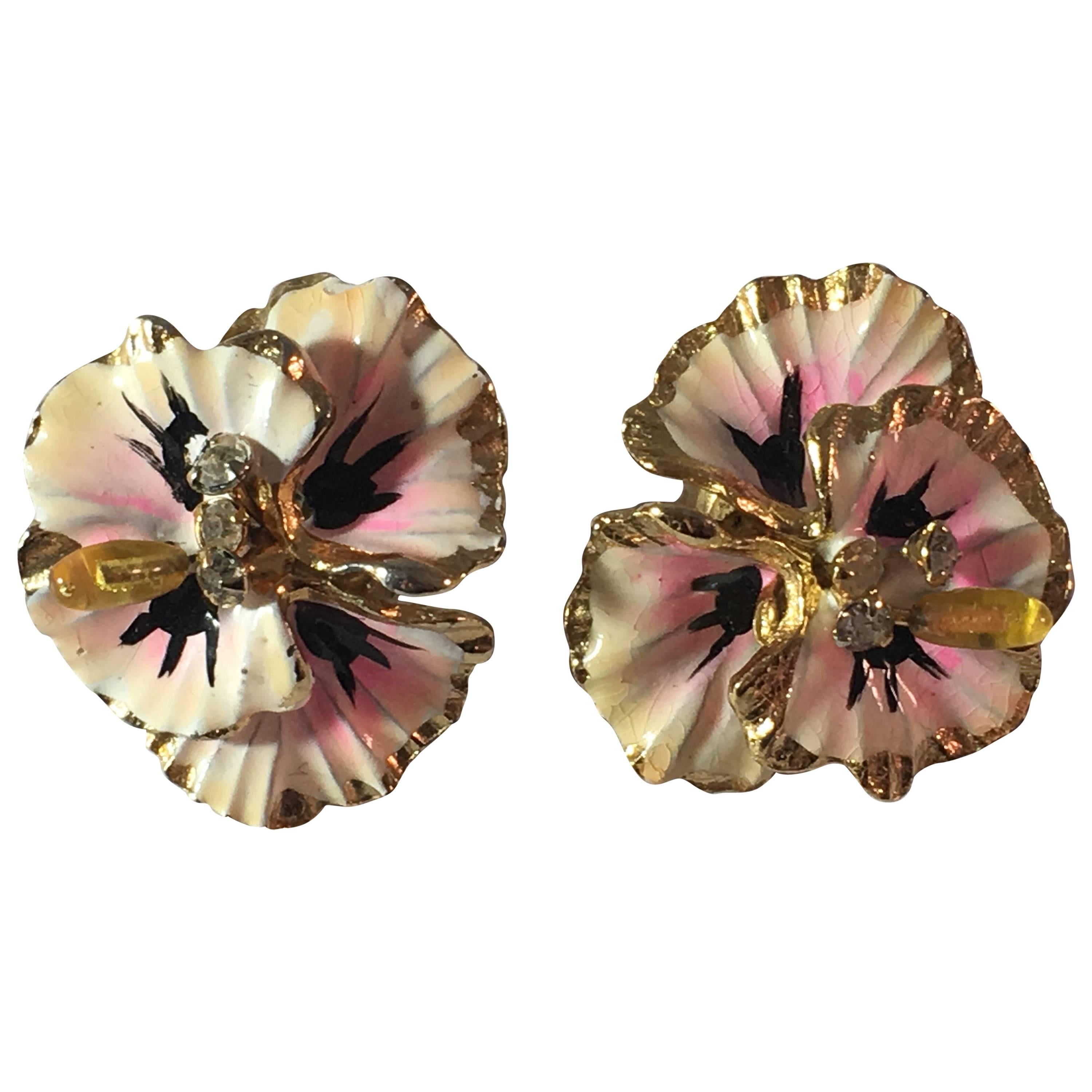 1950s Coro Pink Enamel Pansy Flower Clip-on Earrings