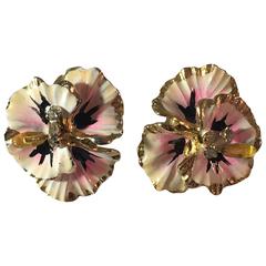 Retro 1950s Coro Pink Enamel Pansy Flower Clip-on Earrings