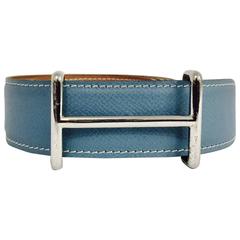 Ceinture réversible Hermès en jean bleu Epsom et chamonix doré avec boucle PHW Idem