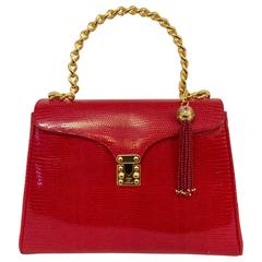 1980s Lana of London Red Lizard Skin Hand Bag W Molded Gold Chain Handle