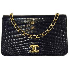 Vintage VVintage Chanel Black  Baby Croc Flap Bag W Leather Interwoven Chain Strap