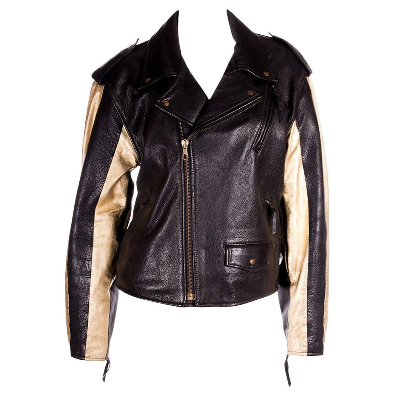 Moschino Leather Biker Jacket with Gold Stripe Sleeves