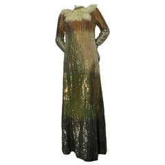 1970s Bill Blass Ombre Sequin Long-Sleeved Maxi Gown w Ostrich Feather Bib
