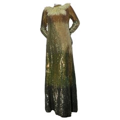 1970s Bill Blass Ombre Sequin Long-Sleeved Maxi Gown w Ostrich Feather Bib