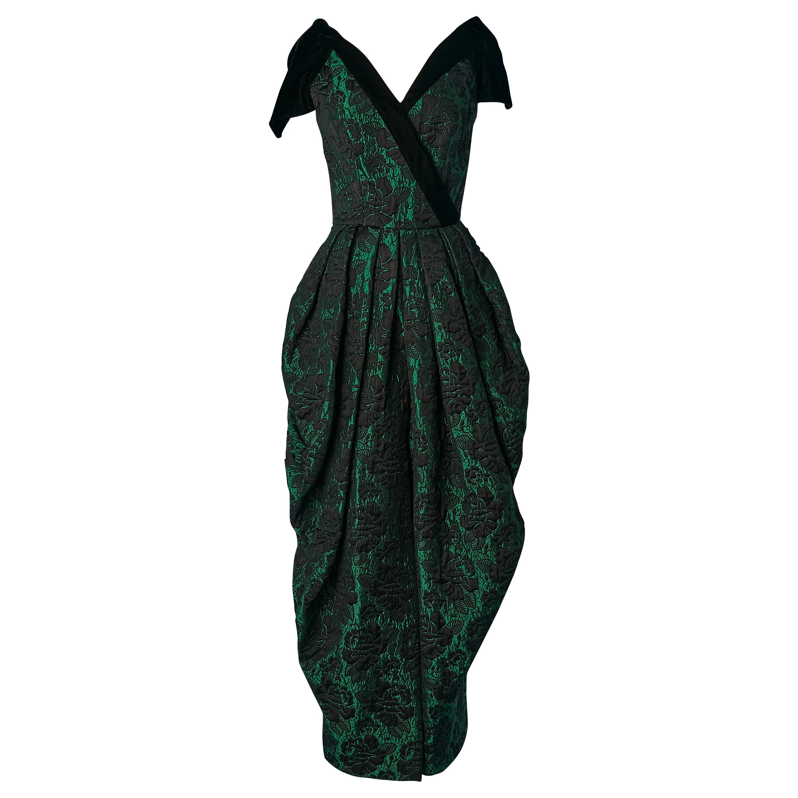 Damask evening dress with black velvet neckline Lydia Carlton For Sale