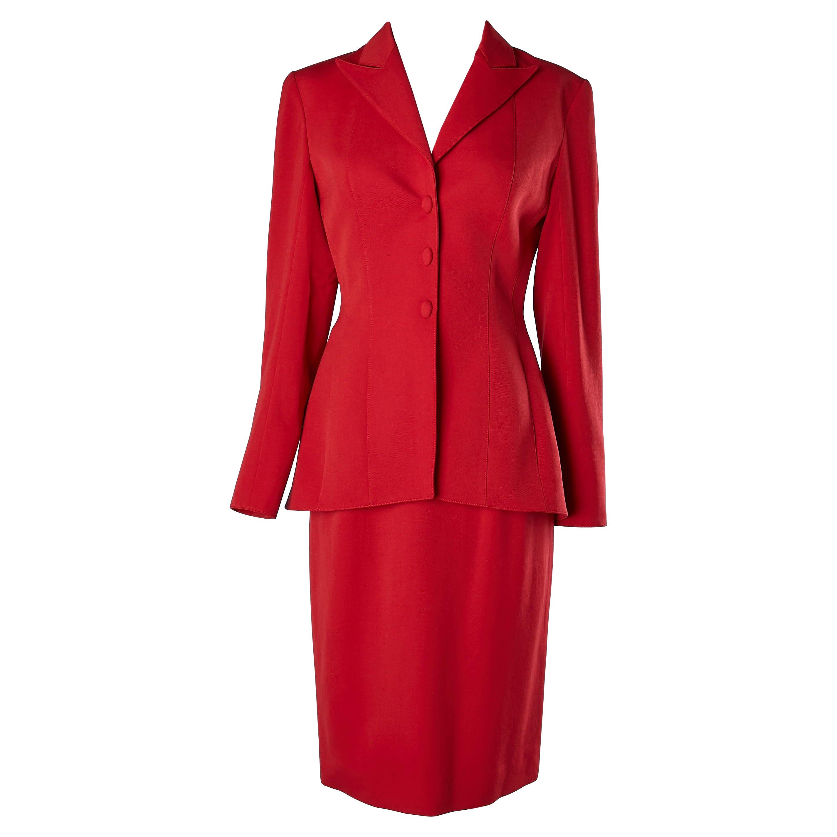 Thierry Mugler Couture Rockanzug aus roter Wolle mit Leopardenmuster und Seidenfutter im Angebot