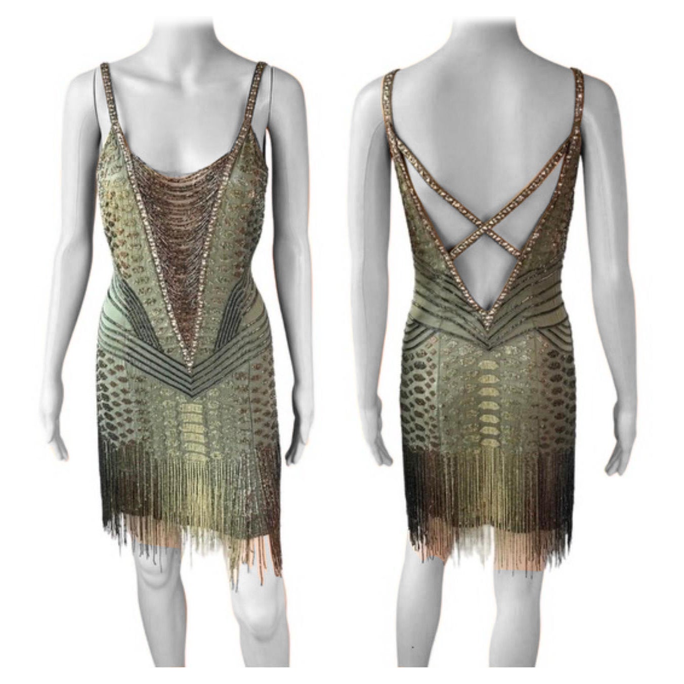 Roberto Cavalli F/W 2006 - Mini robe Flapper ouverte dans le dos, ornée de perles et franges