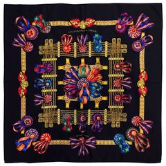 1993 Hermes Rubans du Cheval Les Black Silk Twill Scarf by Joachim Metz