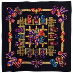 1993 Hermes Rubans du Cheval Les Black Silk Twill Scarf by Joachim Metz 