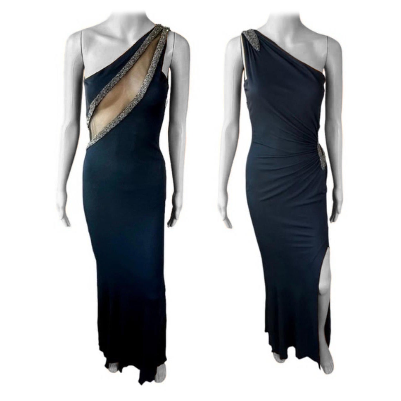 Roberto Cavalli Vestido de noche de un solo hombro adornado con recorte de malla transparente en venta