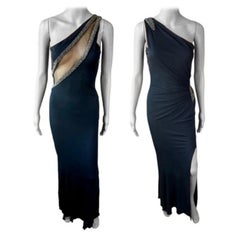 Roberto Cavalli Sheer Mesh Cutout Embellished One Shoulder Evening Dress Gown